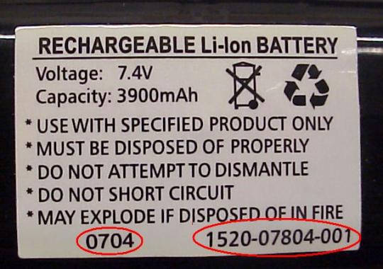 Recalled Battery Pack Date Code Example: 0704 (July 2004) and Battery Pack Part Number Example: 1520-07804-001