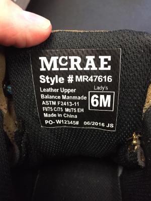 Style label on recalled safety boots and shoes