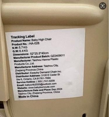 Tracking label on the seatback showing “Product No.: HA-028”