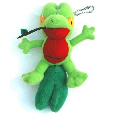 Recalled Treecko Plush Keychain, #2643 - measures about 5½ inches long; it is light green with dark green tails, and a red stomach