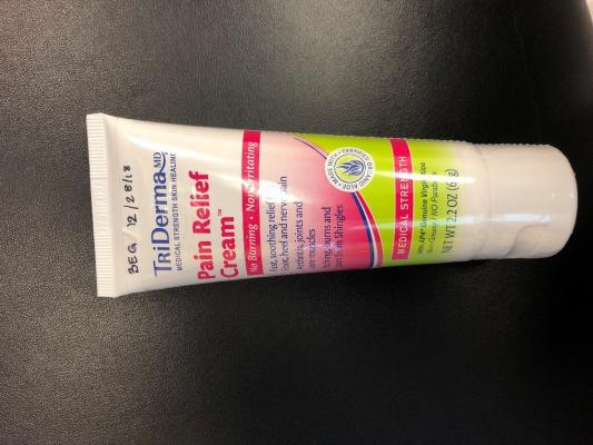 Recalled TriDerma Pain Relief Cream with Lidocaine in 2.2 ounce tube