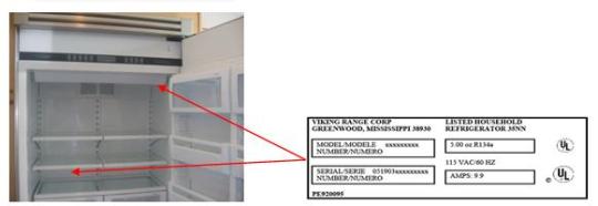 Recalled Refrigerator with label location indicated