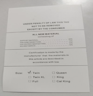The size is printed on the sewn-in label of the recalled WinxMatrs mattress. 