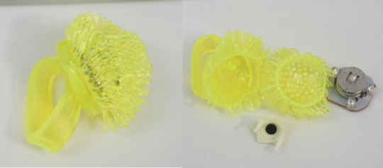 Recalled light-up assorted colors jelly rings (Item No. PS270) – Ring and close up showing accessible button cell batteries. 