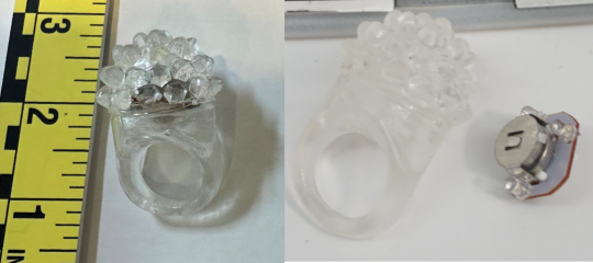 Recalled light-up transparent jelly rings (Item No. PS271) – Ring and close up showing accessible button cell batteries. 