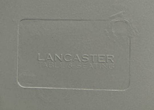 Recalled Lancaster Table & Seating Allegro plastic side chair stamp on underside of plastic side chair