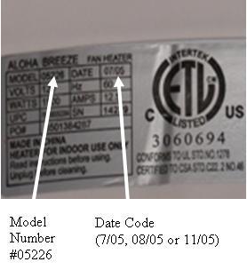 Label on recalled "Aloha Breeze" Portable Electric Heater