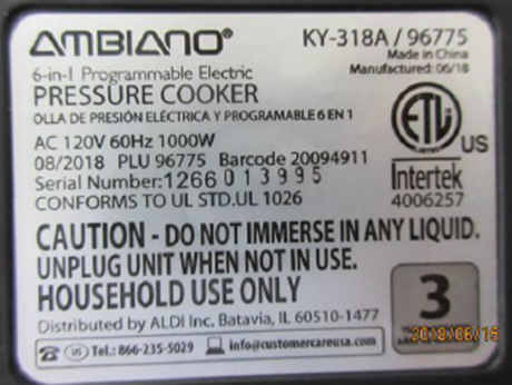 Recalled Pressure Cooker, Model Number 96775 (KY-318A) Rating Label