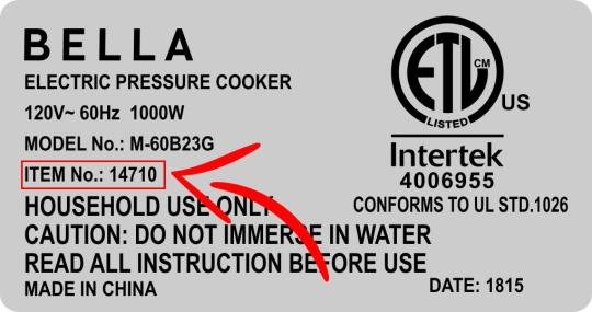 Sample On-Product Label of Recalled Bella Electric Pressure Cooker