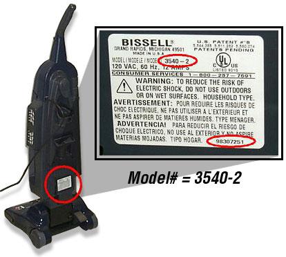 Location of model number on recalled Bissel vacuum cleaner