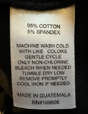 “RN# 169608” “Made in Guatemala”, and “95% cotton 5% spandex” printed on the sewn-in side seam label