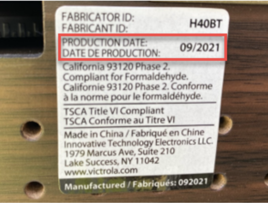 Label showing the 09/2021 date code on the back of the recalled VTA-240B-ESP Wood Metropolitan Bluetooth Record Player with 3-Speed Turntable