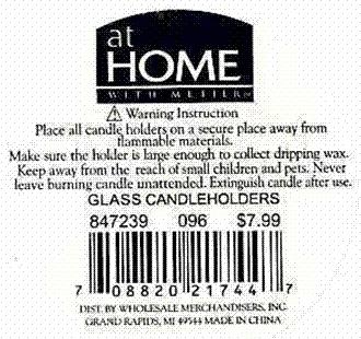 Label on Recalled Clear Glass Candleholder