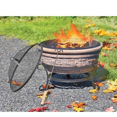 Shown in the photo is the clay bowl, a black metal stand, a black metal bowl that sits inside the clay bowl, a screened, domed lid that sits on top of the bowl, and a fire poker.