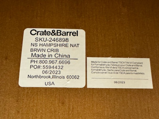 Recalled Crate & Barrel Hampshire Cribs – label on the mattress support board with SKU number