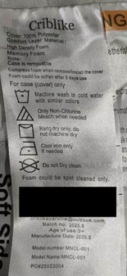 Recalled Criblike Mini-Crib Mattress Label MNCL-001