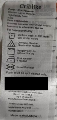   Recalled Criblike Pack and Play Mattress Label XCD-001