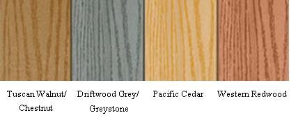 Recalled Decking, from left to right: Tuscan Walnut/Chestnut, Driftwood Grey/Greystone, Pacific Cedar, and Western Redwood