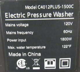 “Model: C4012PLUS-1500C” is printed on a label located on the back of the recalled DGIVOVO US pressure washer.
