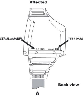 The date code of the recalled dive computers reads the number of the month followed by a decimal point and the year, for example, "01.95."
