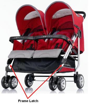 Recalled double stroller with location of frame latch