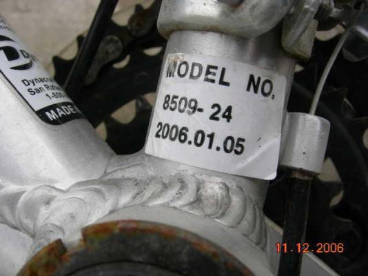 Label with model number of recalled bicycle