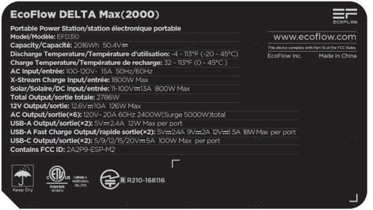 Nameplate on underside of recalled EcoFlow Delta Max 2000 Model EFD310 Power Station