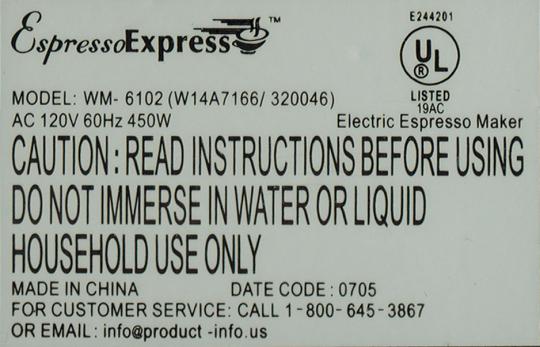 Recalled Espresso Maker Label