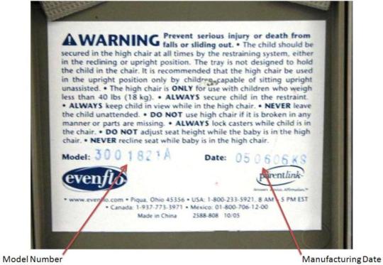 Recalled Evenflo Majestic™ Highchair Tag