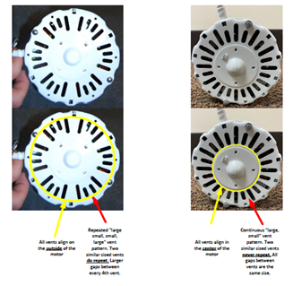 Recalled Electric Motor Vent Patterns and Unaffected Motor Vent Patterns (Recalled electric motor vents (depicted on the left) align on the outer ring of the motor end bell, as highlighted in yellow.  Recalled electric motor vents use an alternating pattern of two long vents then two short vents.  Unaffected motor vents (depicted on the right) align on the inner ring of the motor end bell, as highlighted in yellow. Unaffected motor vents use an alternating vent pattern of one long, then one short vent).