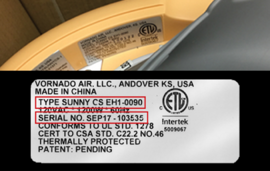 Label with model number and serial number 