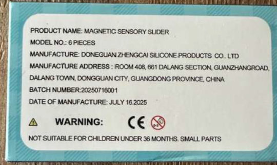    Recalled PIXLABBY Silicone Sensory Magnetic Fidget Sliders, Back of Box