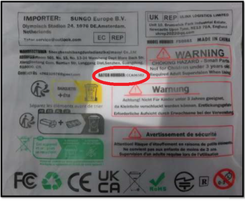 Recalled Anzmtosn Magnet Fidget Spinner Set, Back Label with Batch Number