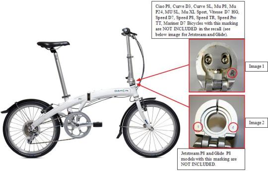 Recalled Folding Bicycle with note indicating bicycles with this sticker - Radius Handlepost - and/or this marking are not NOT INCLUDED in this recall