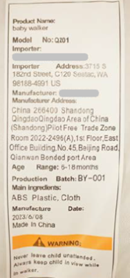 “Model No: QZ01” on tracking label under the seat