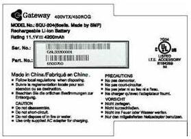 Recalled Gateway Lithium Ion Battery Pack label