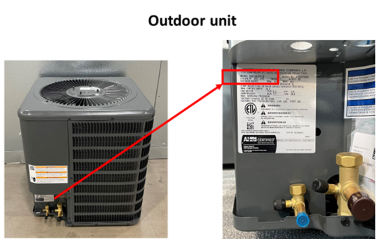 Location of model number on outdoor condenser  