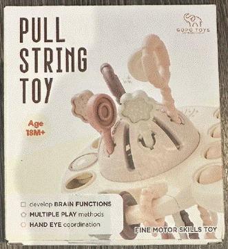 “GOPO TOYS” and “Pull String Toy” are printed on the front of the recalled teething toy packaging