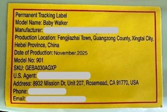 Model No: 901,” “SKU: GEBA030AGXP” and “Date of Production: November 2025” are printed on a yellow label located on the walker’s base.