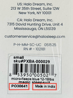 The hang tag with the batch code and “Made in India” circled