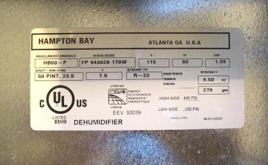 Recalled Dehumidifier Label