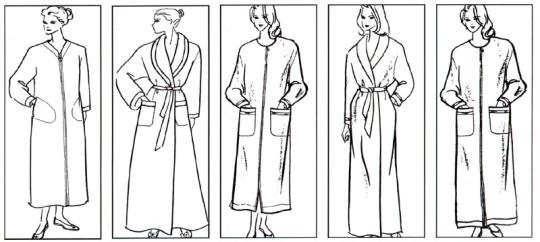 Drawing showing multiple styles of recalled ladies' robes