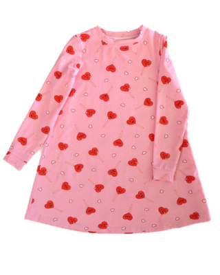 召回粉色面料休闲连衣裙（长袖），饰有红色心形棒棒糖和小白心
