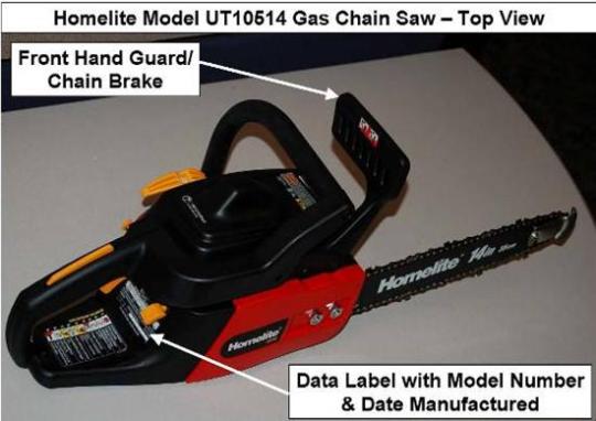 Picture of recalled Homelight Chain Saw indicating the front hand guard/chain brake and the data label with model number and date manufactured