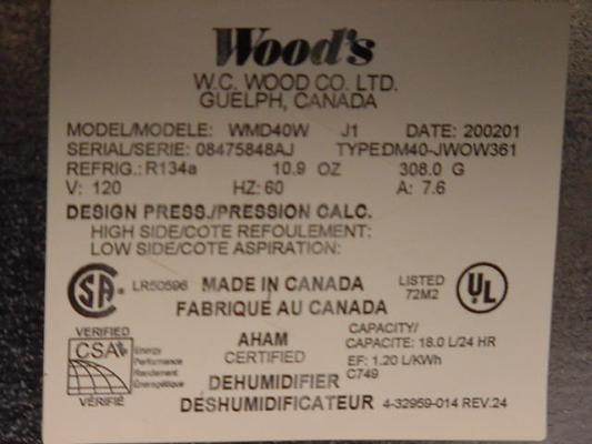 Picture of label on dehumidifier