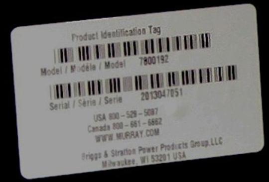 Picture of Recalled Murray Front Engine Riding Lawn Mower ID Tag