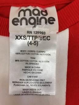 “Mad Engine” “RN 129993” and the size are on the neck label.