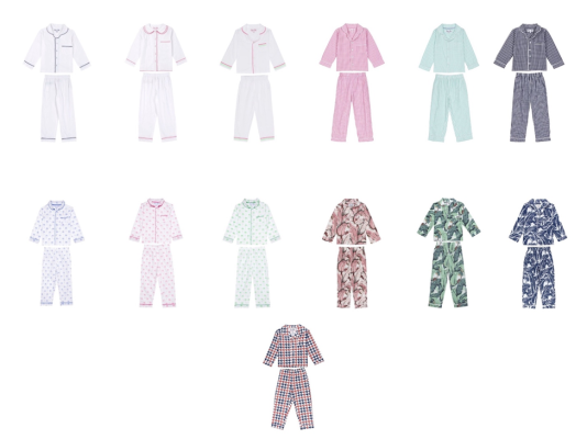 Recalled Sant and Abel Children's Traditional Collared Two-Piece Pajama Sets (Boys White Cambric, Girls White Cambric, Girls Billie Neon, Gingham Pink, Gingham Green, Gingham Blue, Palm Tree Blue, Palm Tree Pink, Palm Tree Green, Banana Leaf Pink, Banana Leaf Green, Banana Leaf Blue and Houndstooth)