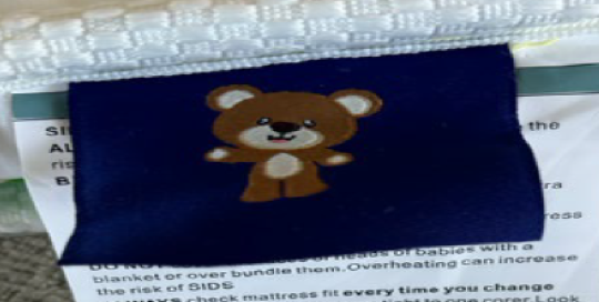 Blue tag with cartoon teddy bear