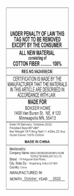 Label Attached to Recalled Bokser Home 100% Cotton Mattress Pad